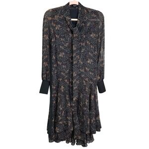 ME+EM Black Scatter Spot Print Long Sleeve Tie Neck Ruffle Hem Dress Size 6